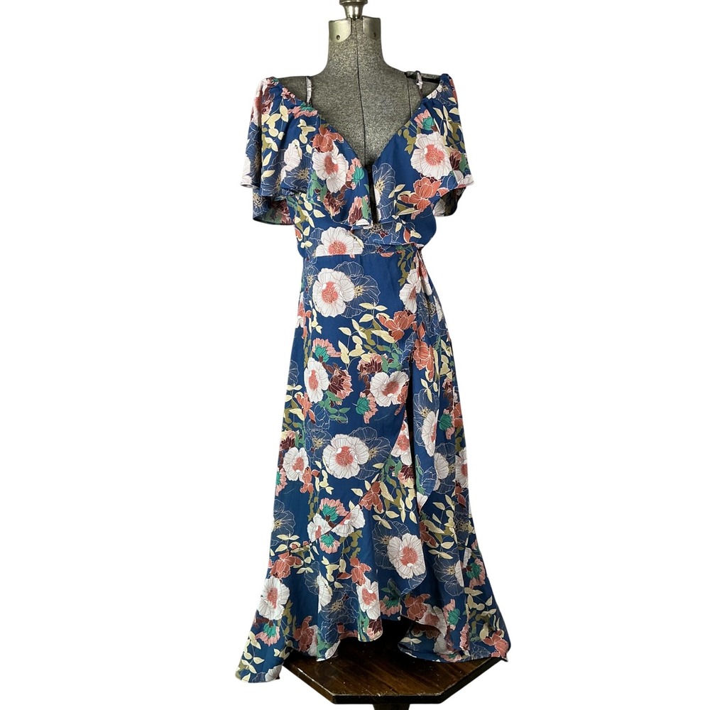 Lulus Blue Floral Cold Shoulder Ruffle Wrap Maxi Dress Size S